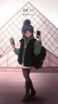  1girl backpack bag bangs black_legwear blue_hair boots braid brown_eyes cellphone cross-laced_footwear highres holding hood hoodie jacket lace-up_boots laofuzi_dai_bansho pamphlet pantyhose phone shima_rin smartphone solo yurucamp 