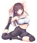  1girl arm_up armpits bare_arms bare_shoulders belt black_choker black_legwear braid breasts brown_hair choker collarbone crop_top gusset haishiki highres large_breasts leggings long_hair looking_at_viewer midriff navel no_shoes original sidelocks sleeveless smile socks solo sports_bra stomach strap stretch transparent_background v-shaped_eyebrows violet_eyes 