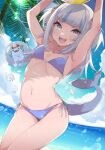  1girl :d armpits arms_up ball bare_arms bare_shoulders beachball bikini bloop_(gawr_gura) blue_bikini day fish_tail gawr_gura goten_(510gensoku) grey_eyes hair_ornament highres holding hololive hololive_english long_hair looking_at_viewer multicolored_hair navel ocean open_mouth outdoors shark_tail sharp_teeth side-tie_bikini silver_hair smile solo stomach streaked_hair string_bikini sunlight swimsuit tail teeth thighs two_side_up v-shaped_eyebrows virtual_youtuber 