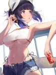  1girl :o absurdres adjusting_earrings arknights bangs bare_shoulders bikini bikini_under_clothes black_hair blue_hair blunt_bangs blush breasts breasts_apart bugegehaibugouse can choker cowboy_shot cutoffs denim denim_shorts earrings eunectes_(arknights) eyebrows_visible_through_hair fingernails from_below gold highleg highres holding jewelry large_breasts leaning_back leaning_on_rail looking_away looking_to_the_side midriff multicolored_hair navel open_fly open_mouth pointy_ears ponytail railing short_shorts shorts side-tie_bikini sideboob simple_background soda_can swimsuit tail tan tanline teardrop_facial_mark two-tone_hair underwear underwear_only violet_eyes visor white_background 