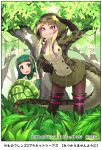  2girls african_rock_python_(kemono_friends) animal_print arm_up bangs bare_shoulders black_gloves blonde_hair blunt_bangs boots border company_name copyright day drawstring elbow_gloves eyebrows_visible_through_hair fern furrowed_eyebrows gloves green_hair green_skirt grin hand_on_hip happa_(cloverppd) hood hood_up hooded_jacket jacket kemono_friends knee_boots leaning_forward long_hair long_sleeves looking_afar looking_at_another microskirt multicolored_hair multiple_girls necktie official_art open_mouth outdoors plant pleated_skirt print_jacket purple_hair red-eared_slider_(kemono_friends) redhead shading_eyes shirt sidelocks skirt sleeveless sleeveless_shirt smile snake_tail snakeskin_print standing tail tree turtle_shell two-tone_hair undershirt vest violet_eyes zipper 
