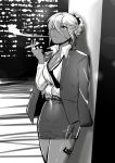  1girl absurdres against_wall alternate_costume cigarette dark_magician_beth greyscale guardian_tales hair_over_one_eye highres holding holding_cigarette jacket looking_up monochrome mopqrkdnl1 necktie open_clothes open_shirt shirt skirt smoke standing tattoo 
