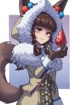  1girl absurdres bangs blunt_bangs brown_hair coat gloves guardian_tales hand_up highres hooded_coat innuit_girl_coco looking_to_the_side movcat simple_background tail wolf_girl wolf_hood wolf_tail yellow_eyes 