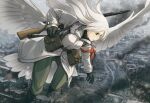  1girl asterisk_kome boots coat flying gloves low_wings pants weapon white_coat white_feathers white_hair winged_fusiliers wings 