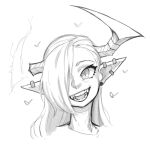  1girl ear_piercing earrings face fangs grey_background greyscale hair_over_one_eye hatching_(texture) heart highres horn_ornament horn_ring horns jewelry long_hair makinakid monochrome oni onigiri_(makinakid) open_mouth original piercing pointy_ears simple_background sketch smile solo teeth 