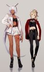  2girls absurdres animal_ears bare_arms bare_legs blonde_hair blue_eyes caenis_(fate) choker earrings fate/apocrypha fate/grand_order fate_(series) green_eyes high_heels highres jacket jacket_on_shoulders jewelry long_hair midriff mordred_(fate) mordred_(fate)_(all) multiple_girls pants ponytail semi_finalfight short_hair skirt stomach tan tattoo very_long_hair white_hair 
