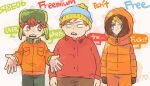  3boys blonde_hair blue_eyes brown_hair eric_cartman fur_hat haku_le hat hood hood_up jacket kenny_mccormick kyle_broflovski multiple_boys orange_jacket parka red_jacket redhead short_hair south_park ushanka 