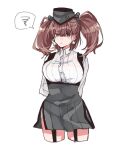  1girl 598teitoku :&lt; arms_behind_back atlanta_(kancolle) bangs black_eyes black_headwear breasts brown_hair closed_mouth commentary_request cropped_legs earrings eyebrows_visible_through_hair garrison_cap grey_skirt hair_between_eyes hat headgear high-waist_skirt jewelry kantai_collection large_breasts long_hair shirt simple_background skirt solo spoken_squiggle squiggle star_(symbol) star_earrings suspender_skirt suspenders two_side_up white_background white_shirt 