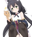  +_+ 1girl animal_ear_fluff animal_ears bangs bare_shoulders black_hair black_legwear black_sleeves blue_panties blush breasts cat_ears cat_girl cat_tail commentary_request detached_sleeves eyebrows_visible_through_hair feet_out_of_frame frilled_skirt frills green_eyes hair_between_eyes highres holding holding_stuffed_toy karyl_(princess_connect!) knees_up long_hair long_sleeves low_twintails medium_breasts momio multicolored_hair panties parted_lips princess_connect! princess_connect!_re:dive purple_skirt shirt simple_background skirt sleeveless sleeveless_shirt solo sparkle squatting streaked_hair stuffed_animal stuffed_cat stuffed_toy tail tail_raised thigh-highs twintails underwear very_long_hair white_background white_hair white_shirt 