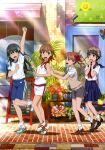  4girls absurdres black_hair blonde_hair brown_eyes brown_hair flower full_body green_eyes gym_uniform hair_flower hair_ornament head_wreath highres long_hair looking_at_viewer misaka_mikoto multiple_girls official_art open_mouth saten_ruiko school_uniform serious shirai_kuroko short_hair sweater toaru_kagaku_no_railgun toaru_majutsu_no_index twintails uiharu_kazari 