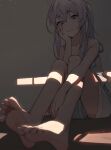  1girl absurdres ahoge arm_support bare_legs barefoot blurry blurry_foreground braid dark depth_of_field elaina_(majo_no_tabitabi) hand_up highres lan_mao_akko light_particles looking_at_viewer majo_no_tabitabi parted_lips purple_hair sitting smile soles solo strap_slip toes twintails violet_eyes 