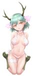  1girl antlers artoise breasts c_(control) choker fur green_hair horns lingerie looking_at_viewer pointy_ears q_(control) short_hair simple_background solo underwear white_background yellow_eyes 