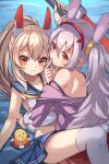  2girls animal animal_ears arm_support arm_up ayanami_(azur_lane) azur_lane bangs bare_arms bird blue_sailor_collar blue_skirt blush brown_hair chick closed_mouth commentary_request crop_top eyebrows_visible_through_hair fake_animal_ears feet_out_of_frame finger_to_mouth hair_between_eyes hairband hand_up headgear highres holding holding_sword holding_weapon jacket laffey_(azur_lane) lifebuoy long_hair long_sleeves looking_at_viewer manjuu_(azur_lane) midriff miya_(miyaruta) multiple_girls off_shoulder open_clothes open_jacket pink_jacket pleated_skirt ponytail rabbit_ears red_eyes red_hairband red_skirt sailor_collar shirt silver_hair skirt sleeveless sleeveless_shirt strap_slip sword thigh-highs twintails very_long_hair water weapon white_legwear white_shirt 