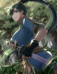  1girl bangs closed_mouth delsaber earrings fingerless_gloves fire_emblem fire_emblem:_the_blazing_blade fire_emblem_heroes gloves green_eyes green_hair high_ponytail highres holding holding_sword holding_weapon jewelry long_hair lyn_(fire_emblem) outdoors pelvic_curtain ponytail side_slit sword tree tree_trunk weapon 