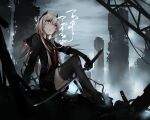  1girl absurdres alternate_costume arm_support bangs black_serafuku black_shirt black_skirt blonde_hair blood blood_on_face bloody_weapon commentary_request crossed_ankles feet girls_frontline grin headgear highres katana long_hair looking_at_viewer m4_sopmod_ii_(girls_frontline) mechanical_arms multicolored_hair neckerchief no_shoes outdoors pleated_skirt red_eyes red_neckwear ruins sailor_collar school_uniform serafuku shirt sidelocks single_mechanical_arm sitting skirt smile solo streaked_hair sword thigh-highs torn_clothes torn_legwear torn_neckerchief torn_shirt weapon zen_juraku 