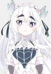  1girl black_ribbon blush chaika_trabant commentary_request eyebrows_visible_through_hair flower grey_background hair_ribbon hitsugi_no_chaika ixy long_hair looking_at_viewer ribbon rose simple_background solo thick_eyebrows violet_eyes white_flower white_hair white_rose 