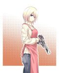 1girl absurdres android apron blonde_hair blue_eyes expressionless gun hair_between_eyes handgun highres holding holding_gun holding_weapon housewife ishiyumi joints long_sleeves mechanical_arms mechanical_buddy_universe mechanical_legs pistol polka_dot polka_dot_background robot_joints science_fiction short_hair solo sweater trigger_discipline turtleneck turtleneck_sweater weapon 