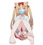 1girl absurdres animal_ears bare_legs barefoot blonde_hair blue_eyes blush bow breath cat_ears cat_tail coca-cola full_body grey_jacket hair_bow hair_ornament hairclip heart heart-shaped_pupils highres jacket lan_mao_akko long_hair looking_at_viewer mask mouth_mask off_shoulder original red_bow shirt simple_background soles solo surgical_mask sweat symbol-shaped_pupils tail toenails toes two_side_up white_background white_shirt 