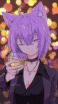  absurdres ahoge animal_ears cat_ears cross cross_necklace cup drinking_glass edwarddeputra42 formal highres hololive jewelry necklace nekomata_okayu one_eye_closed purple_hair smile suit violet_eyes virtual_youtuber wine_glass 
