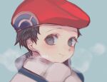  1boy artist_name black_hair blush closed_mouth commentary_request eyelashes grey_eyes hat highres ino_shinokawa looking_at_viewer lucas_(pokemon) male_focus pokemon pokemon_(game) pokemon_dppt pokemon_platinum portrait red_headwear scarf short_hair smile solo watermark white_scarf 