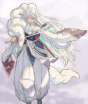  1boy armor closed_mouth crescent facial_mark floral_print forehead_mark fur_trim highres holding holding_sword holding_weapon inuyasha japanese_clothes long_hair pointy_ears seiya_(artist) sesshoumaru sheath solo sword very_long_hair weapon white_background white_hair wide_sleeves yellow_eyes 