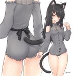  1girl animal_ears ass black_hair black_neckwear blush breasts cat_ears cat_tail commentary_request dan_(kumadan) eyebrows_visible_through_hair fang frills from_behind hair_ornament hairclip highres long_hair long_sleeves looking_at_viewer multiple_views open_mouth original simple_background smile tail thigh_gap white_background yellow_eyes 