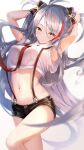  1girl ahoge arms_behind_head azur_lane bangs black_ribbon black_shorts breasts collared_shirt commentary_request crop_top eyebrows_visible_through_hair hair_between_eyes hair_ribbon highres holding holding_hair leaning_back leg_up long_hair looking_at_viewer medium_breasts multicolored_hair navel necktie prinz_eugen_(azur_lane) red_neckwear redhead ribbon shirt short_shorts short_sleeves shorts silver_hair solo standing standing_on_one_leg stomach streaked_hair suspender_shorts suspenders swept_bangs two_side_up very_long_hair white_background white_shirt yellow_eyes yk_(pixiv43531291) 
