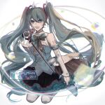  1girl 2017 aqua_eyes aqua_hair bare_shoulders black_ribbon black_skirt commentary copyright_name eighth_note elbow_gloves gloves hair_ornament hatsune_miku holding holding_wand layered_skirt long_hair looking_at_viewer magical_mirai_(vocaloid) microphone_wand musical_note musical_note_print neck_ribbon nz_(nizu) open_mouth ribbon shirt shoulder_tattoo skirt sleeveless sleeveless_shirt smile solo tattoo twintails very_long_hair vocaloid wand white_background white_gloves white_legwear white_shirt 