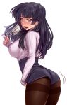  1girl arched_back ass bangs black_hair black_shorts blunt_bangs blush breasts brown_eyes brown_legwear commentary_request cowboy_shot eyebrows_visible_through_hair from_side hand_up high-waist_shorts idolmaster idolmaster_shiny_colors large_breasts long_hair long_sleeves looking_away looking_to_the_side mask mask_around_one_ear mask_pull mayuzumi_fuyuko mouth_mask namidame notice_lines open_mouth pantyhose pink_shirt pulled_by_self shirt shirt_tucked_in short_shorts shorts solo standing surgical_mask sweatdrop teeth thighband_pantyhose transparent_background two_side_up 