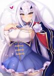  1girl alternate_breast_size armpit_cutout blue_cape blue_dress breasts bright_pupils cape clothing_cutout cowboy_shot dress eyebrows_visible_through_hair fairy_knight_lancelot_(fate) fate/grand_order fate_(series) grin heart highres hiiro_h large_breasts long_hair looking_at_viewer sidelocks smile solo spoken_heart teeth thigh-highs white_hair white_legwear yellow_eyes 