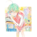  1girl ahoge building feet_out_of_frame green_eyes green_hair hair_over_one_eye jacket leaning_forward long_sleeves looking_at_viewer original red_jacket runta short_hair smile solo tassel track_jacket traditional_media watercolor_(medium) zipper zipper_pull_tab 