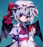  1girl apple bat_wings blue_hair commentary dress english_commentary food fruit green_background hand_up hat hat_ribbon highres holding holding_food holding_fruit looking_at_viewer mob_cap pink_dress pink_headwear red_eyes red_neckwear red_ribbon remilia_scarlet ribbon short_hair short_sleeves solo soresaki touhou wings wrist_cuffs 