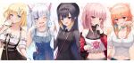  5girls :d ;d absurdres animal_ear_fluff animal_ears bag bangs bare_shoulders black_dress black_eyes black_ribbon black_skirt blonde_hair blue_dress blue_eyes blue_hair blue_nails blunt_bangs bra_strap braid breasts cat_ears cat_tail choker collarbone commentary crop_top crop_top_overhang dress eyebrows_visible_through_hair fang frilled_shirt frilled_sleeves frills gawr_gura gradient_hair green_choker grin hair_ornament hairband high-waist_skirt highres holding holding_magnifying_glass holding_microphone holding_paintbrush hololive hololive_english holomyth jacket jewelry key_necklace large_breasts long_hair long_sleeves looking_at_viewer magnifying_glass microphone midriff mole mole_under_eye monocle_hair_ornament mori_calliope multicolored_hair multiple_girls nail_polish necklace ninomae_ina&#039;nis off-shoulder_shirt off_shoulder official_alternate_costume one_eye_closed open_clothes open_jacket open_mouth orange_hair paintbrush paw_pose pink_hair pointing pointing_at_viewer pointy_ears ponytail red_eyes red_jacket red_nails ribbon sharp_teeth shirt short_hair short_sleeves shoulder_bag shuvi_(shuvi1125) side_ponytail silver_hair skirt small_breasts smile streaked_hair striped striped_shirt tail takanashi_kiara teeth twin_braids two-tone_hair upper_body upper_teeth vertical-striped_shirt vertical_stripes violet_eyes virtual_youtuber watson_amelia white_hairband white_shirt yellow_nails zipper zipper_pull_tab zipper_skirt 