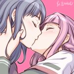  2girls artist_name blue_hair blush closed_eyes face hand_in_another&#039;s_hair kiss long_hair magia_record:_mahou_shoujo_madoka_magica_gaiden mahou_shoujo_madoka_magica multiple_girls nanami_yachiyo pink_background pink_hair studiozombie tamaki_iroha yuri 