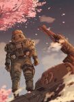  1boy atlas_(titanfall) backpack bag cherry_blossoms clenched_hands clouds from_behind gun mecha on_mecha science_fiction sky standing tajima_(minagawa) titanfall titanfall_(series) weapon 