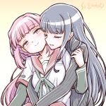  2girls artist_name blue_hair blush braid cheek-to-cheek hug hug_from_behind long_hair low_ponytail magia_record:_mahou_shoujo_madoka_magica_gaiden mahou_shoujo_madoka_magica multiple_girls nanami_yachiyo pink_hair school_uniform serafuku smile studiozombie tamaki_iroha upper_body yuri 