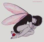  1girl anklet bare_legs barefoot black_hair colored_skin fetal_position grey_background grey_skin highres insect_wings jewelry original red_eyes short_hair short_sleeves simple_background solo toktin_zq wings 