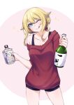  1girl absurdres alcohol alternate_costume black_shorts black_tank_top blush bottle casual collarbone commentary english_commentary head_tilt highres holding holding_bottle hoshino_char looking_at_viewer off_shoulder one_eye_closed red_sweater sake_bottle shorts smile solo sparkle sweater tank_top tongue tongue_out tsunderia valefal_coneri virtual_youtuber 