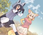  2girls animal_ears black_gloves black_hair black_legwear black_neckwear black_skirt blonde_hair blue_sweater bow bowtie brown_eyes camera commentary_request common_raccoon_(kemono_friends) elbow_gloves extra_ears eyebrows_visible_through_hair fang fennec_(kemono_friends) fox_ears fox_girl fox_tail fur_collar gloves grey_hair kemono_friends korean_commentary multicolored_hair multiple_girls nakta open_mouth pantyhose pink_sweater pleated_skirt puffy_short_sleeves puffy_sleeves raccoon_ears raccoon_girl raccoon_tail short_hair short_sleeves skirt sweater tail thigh-highs two-tone_gloves two-tone_legwear white_fur white_gloves white_hair white_legwear white_skirt yellow_gloves yellow_legwear yellow_neckwear zettai_ryouiki 