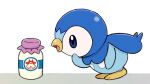  bent_over blue_eyes bottle commentary_request creature from_side gen_4_pokemon milk_bottle moomoo_milk no_humans open_mouth piplup pokemon pokemon_(creature) prj_pochama solo starter_pokemon tongue 