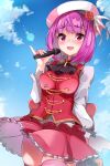  1girl breasts fate/grand_order fate_(series) frilled_skirt frills hat helena_blavatsky_(fate) highres holding holding_microphone long_sleeves lostroom_outfit_(fate) microphone miniskirt pink_legwear purple_hair red_skirt red_vest sezoku shirt short_hair skirt small_breasts solo thigh-highs vest violet_eyes white_headwear white_shirt 