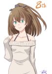  1girl alternate_costume brown_hair collarbone commentary_request green_eyes hair_ornament highres kantai_collection kumano_(kancolle) long_hair looking_at_viewer off-shoulder_sweater off_shoulder ponytail simple_background solo sweater t2r upper_body white_background 