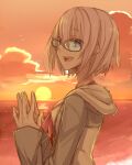  1girl clouds fate/grand_order fate_(series) glasses hair_between_eyes hollomaru hood hoodie looking_at_viewer mash_kyrielight open_mouth reflection short_hair sketch sleeves_past_wrists smile solo steepled_fingers sunset upper_body water 