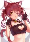  1girl animal_ears bangs blush breasts cat_cutout cat_ears cat_lingerie cleavage_cutout clothing_cutout heterochromia highres hololive houshou_marine long_hair looking_at_viewer meme_attire mihanada_kanata navel paw_pose red_eyes redhead ribbon smile solo twintails underwear virtual_youtuber yellow_eyes 