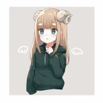  1girl :o black_hoodie blue_eyes blush brown_hair commentary_request cropped_torso curled_horns drawstring grey_background hand_up hood hood_down hoodie horns kinatsu_ship long_hair long_sleeves looking_at_viewer original parted_lips puffy_long_sleeves puffy_sleeves short_eyebrows sleeves_past_fingers sleeves_past_wrists solo thick_eyebrows upper_body 