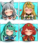  4girls absurdres animal_ears bangs blonde_hair blunt_bangs breasts cat_ears chest_jewel facial_mark green_hair highres large_breasts long_hair mythra_(xenoblade) nia_(xenoblade) nightwitch9612 pneuma_(xenoblade) ponytail pyra_(xenoblade) redhead short_hair silver_hair swept_bangs very_long_hair xenoblade_chronicles_(series) xenoblade_chronicles_2 