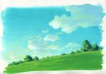  blue_sky border clouds day grass green_theme highres hill original outdoors sawitou_mizuki sky traditional_media white_border 