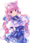  1girl :o animal_ear_fluff animal_ears bangs blue_bow blue_hair blue_hairband blue_ribbon blue_sailor_collar blue_skirt blurry blurry_background bow braid breasts cat_ears commentary_request depth_of_field eyebrows_visible_through_hair frilled_sailor_collar frills hairband hand_up highres hololive jacket long_hair long_sleeves looking_at_viewer medium_breasts minato_aqua multicolored_hair nanamomo_rio open_clothes open_jacket pantyhose parted_lips pink_hair pleated_skirt puffy_short_sleeves puffy_sleeves ribbon sailor_collar shirt short_sleeves simple_background skirt sleeves_past_wrists solo twin_braids twintails two-tone_hair very_long_hair violet_eyes virtual_youtuber white_background white_jacket white_legwear white_shirt 