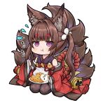  1girl :t amagi-chan_(azur_lane) animal_ears azur_lane bangs bell black_legwear blunt_bangs brown_hair chibi commentary_request curry curry_rice eating eyebrows_visible_through_hair flying_sweatdrops food fox_ears fox_girl fox_tail hair_ribbon holding holding_spoon kyuubi long_hair looking_at_viewer manjuu_(azur_lane) multiple_tails off-shoulder_kimono off_shoulder plate ribbon rice rope sassa_(onion) seiza shimenawa sidelocks simple_background sitting solo spoon tail thick_eyebrows translation_request twintails violet_eyes white_background wide_sleeves 
