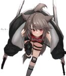 1girl animal_ears arknights bangs black_jacket blush brown_hair character_name commentary_request cutter_(arknights) dual_wielding expressionless hair_ornament hairclip highres holding holding_sword holding_weapon jacket knee_pads looking_at_viewer off_shoulder open_clothes open_jacket raw_egg_lent red_eyes red_shirt running shirt simple_background sleeveless sleeveless_shirt solo sword translated weapon white_background